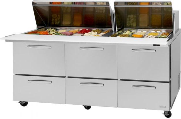Turbo Air - PRO Series 72.6" Silver Three-Section Sandwich/Salad Prep Table with 2 Hoods, 4 Drawers, 2 Shelves - PST-72-30-D6-N (ETA 5-6 Weeks)