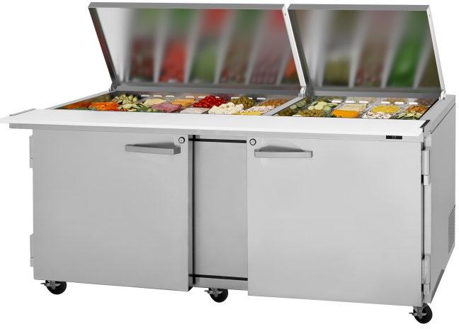 Turbo Air - PRO Series 72.6" Silver Two-Section Mega Top Sandwich/Salad Prep Table with Flat Lid and 2 Shelves - PST-72-30-N-FL (ETA 5-6 Weeks)
