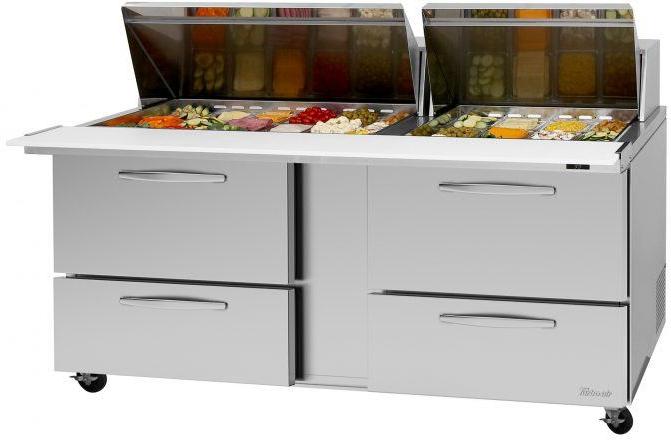 Turbo Air - PRO Series 72.6" Silver Two-Section Sandwich/Salad Prep Table-Slide Lids with 2 Hoods, 4 Drawers - PST-72-30-D4-N-SL (ETA 5-6 Weeks)