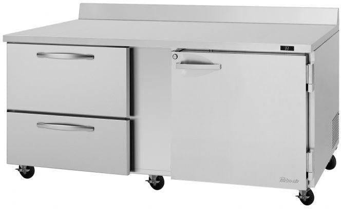 Turbo Air - PRO Series 72.6" Silver Worktop Refrigerator with 2 Drawers + 1 Left Hinged Solid Doors - PWR-72-D2R(L)-N (ETA 5-6 Weeks)