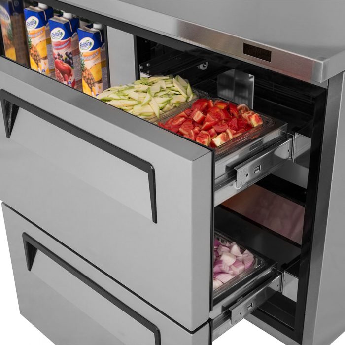 Turbo Air - Super Deluxe 48.25" Silver Two-Section Worktop Freezer-Drawer With One Door and Two Drawers with Recessed Handles - TWF-48SD-D2-N (ETA 5-6 Weeks)