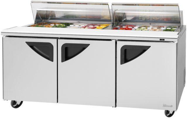 Turbo Air - Super Deluxe 72.4" 3 Solid Doors Clear Lid Refrigerated Sandwich Prep Table with Stainless Steel Top and 18-Pan Opening - TST-72SD-N-CL (ETA 5-6 Weeks)