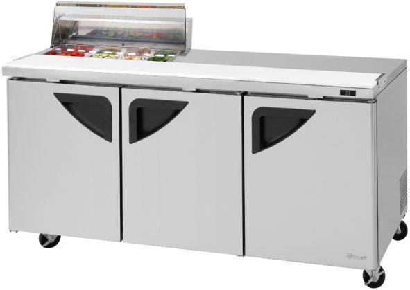 Turbo Air - Super Deluxe 72.4" 3 Swing Door Clear Lid Refrigerated Sandwich Prep Table with stainless steel top with 8-Pan Opening - TST-72SD-08S-N-CL (ETA 5-6 Weeks)