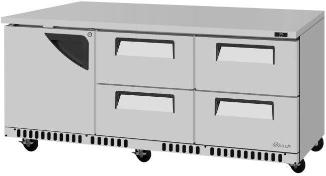 Turbo Air - Super Deluxe 72.6" Silver Three-Section Undercounter Refrigerator With Front Breathing Airflow and 4 Drawers - TUR-72SD-D4R(L)-FB-N (ETA 5-6 Weeks)