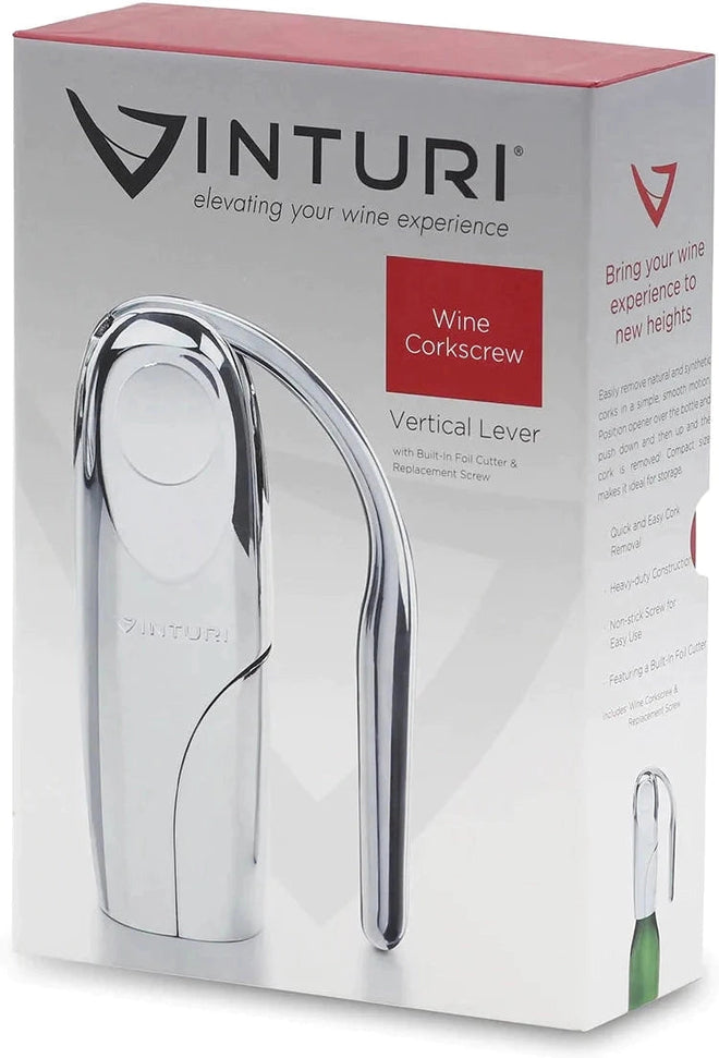 Vinturi - Silver Heavy-Duty Vertical Lever Corkscrew Wine Opener with Built-in Foil Cutter - V9031
