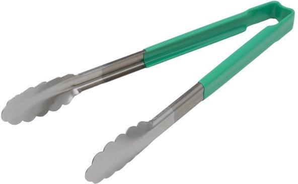 Vollrath - 12" One-Piece Scalloped Tongs with Green Handle - 4781270
