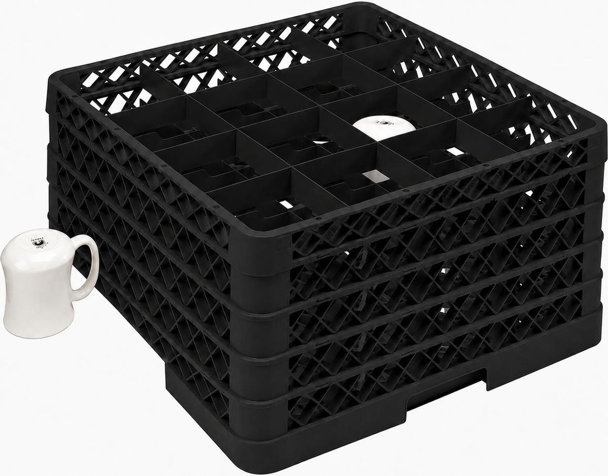 Vollrath - 16-Compartment Traex Full-Size Cup Rack, 19.75" x 19.75" x 10.312" in Black with 4 Risers - TR4DDDD-06