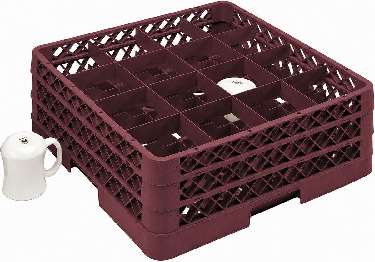 Vollrath - 16-Compartment Traex Full-Size Cup Rack, 19.75" x 19.75" x 7.125" in Burgundy with 2 Risers - TR4DD-21