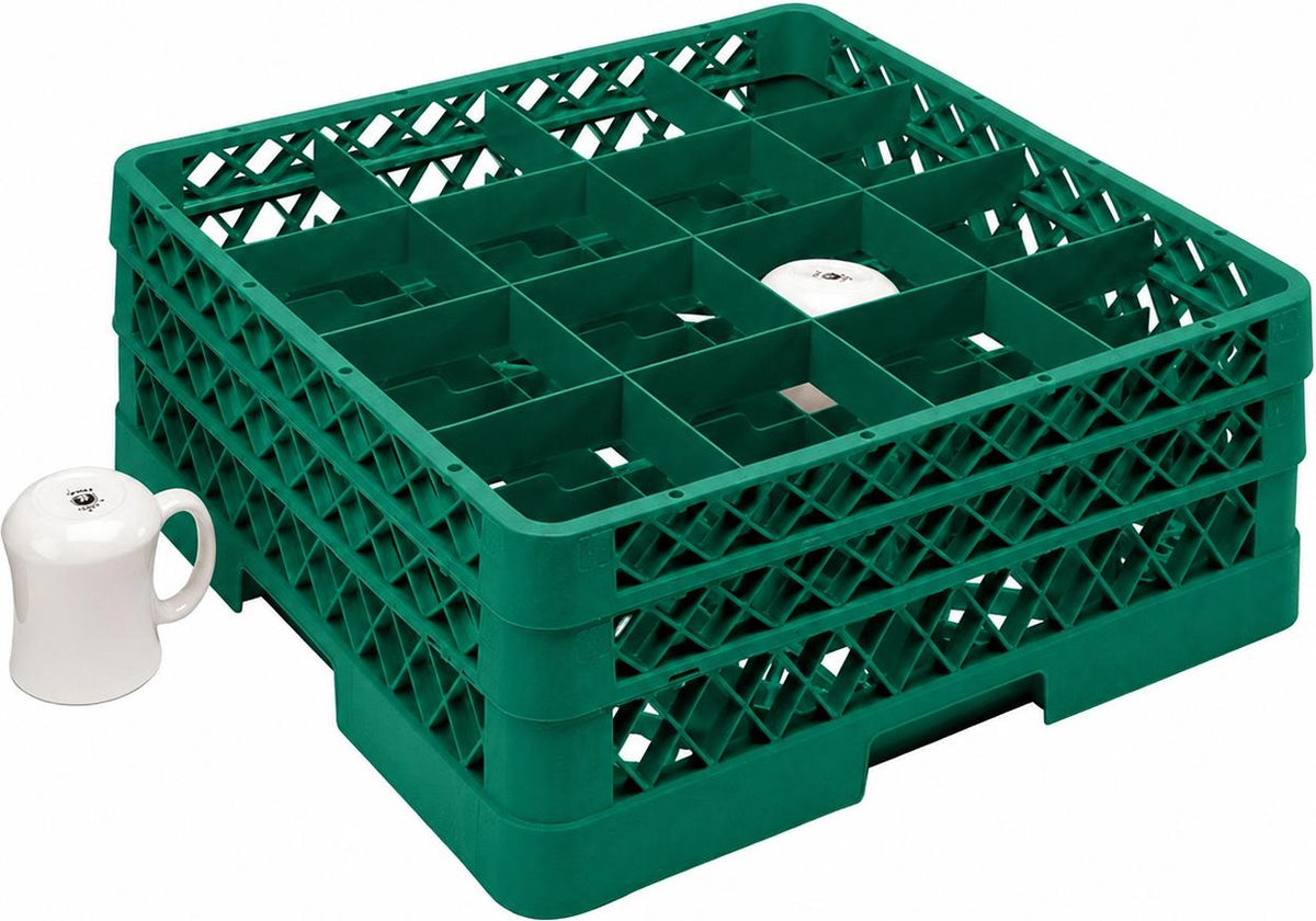 Vollrath - 16-Compartment Traex Full-Size Cup Rack, 19.75" x 19.75" x 7.125" in Green with 2 Risers - TR4DD-19