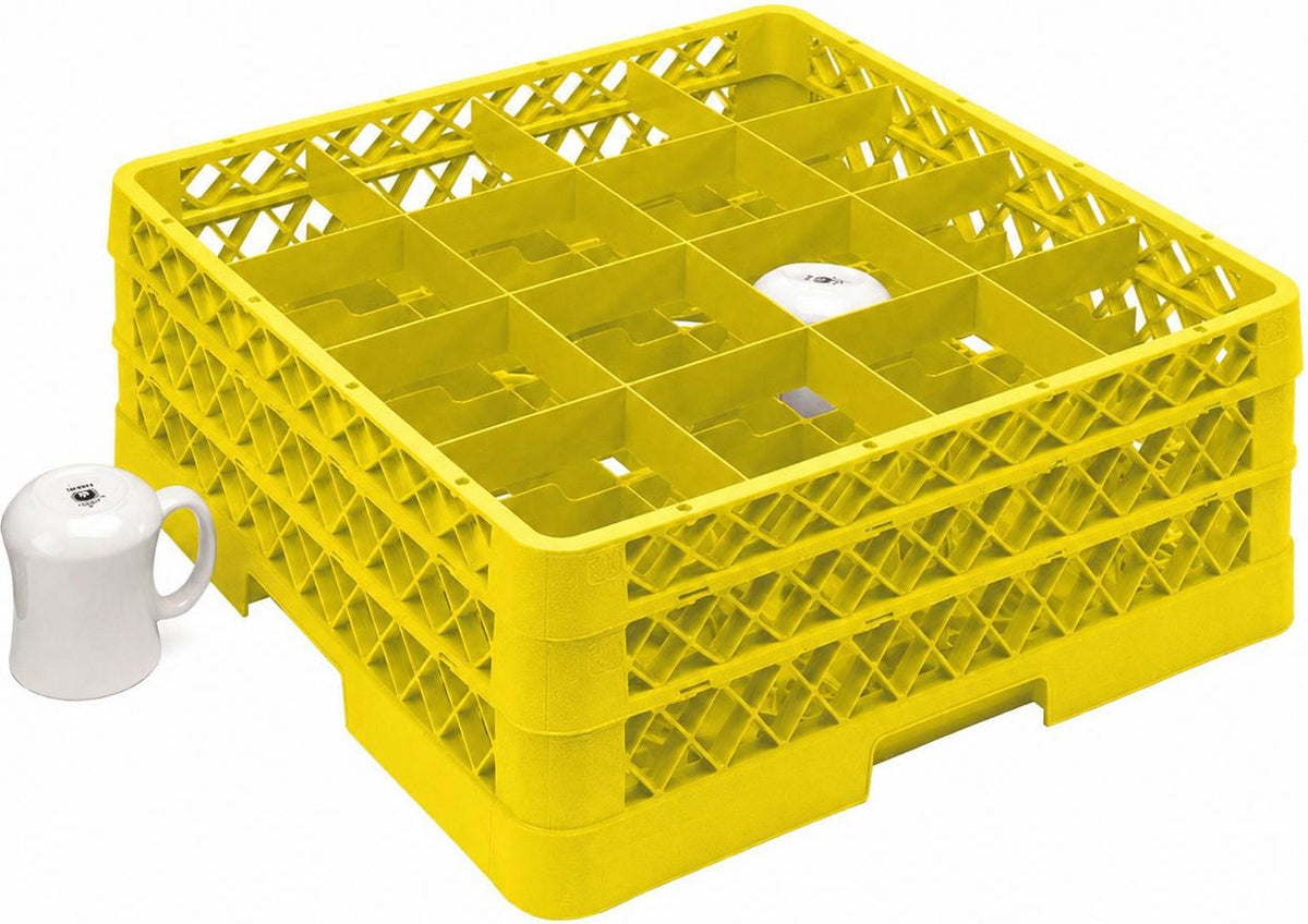 Vollrath - 16-Compartment Traex Full-Size Cup Rack, 19.75" x 19.75" x 7.125" in Yellow with 2 Risers - TR4DD-08