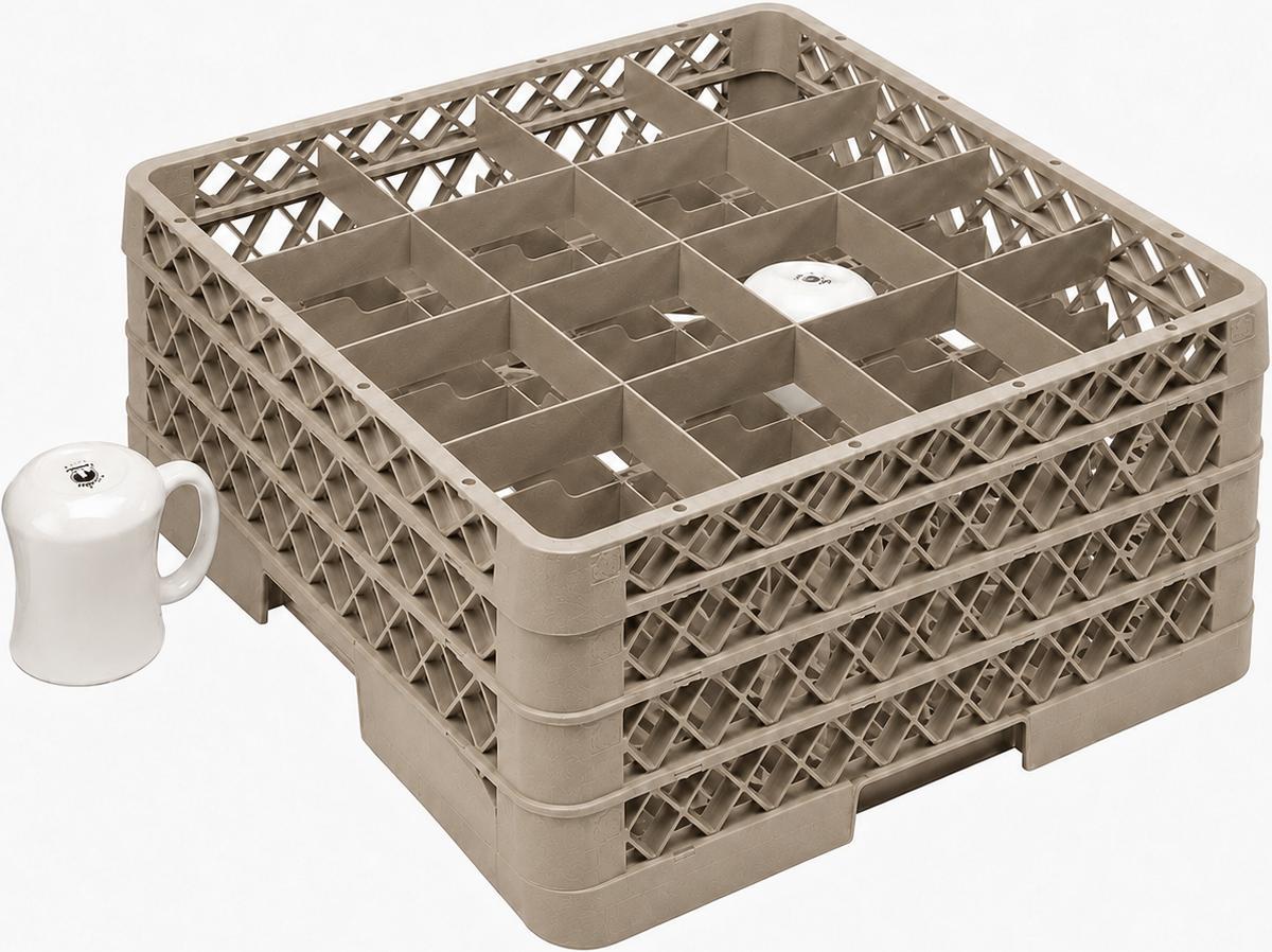 Vollrath - 16-Compartment Traex Full-Size Cup Rack, 19.75" x 19.75" x 8.75" in Beige with 3 Risers - TR4DDD