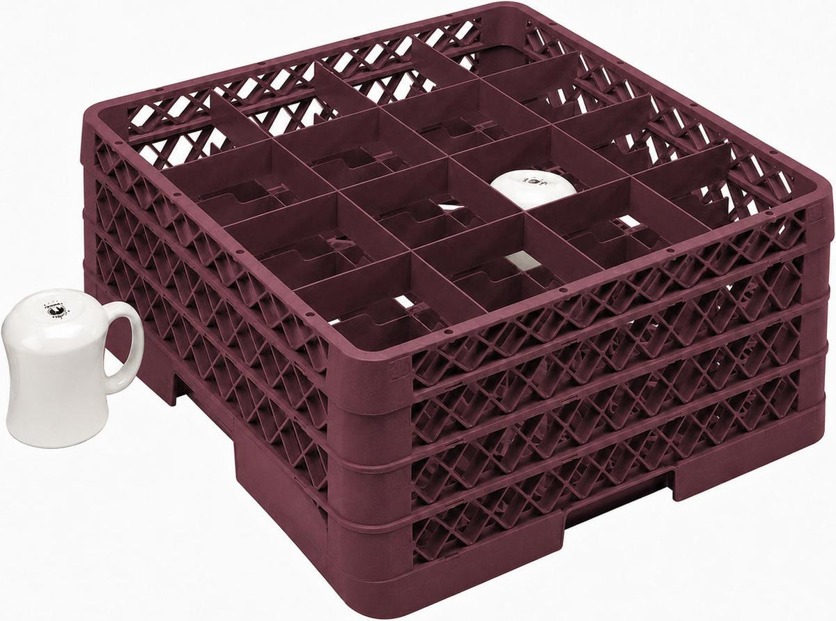 Vollrath - 16-Compartment Traex Full-Size Cup Rack, 19.75" x 19.75" x 8.75" in Burgundy with 3 Risers - TR4DDD-21
