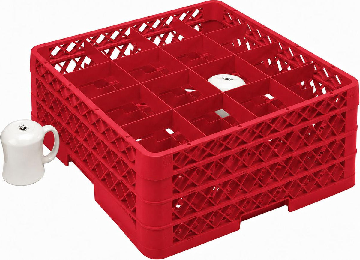 Vollrath - 16-Compartment Traex Full-Size Cup Rack, 19.75" x 19.75" x 8.75" in Red with 3 Risers - TR4DDD-02