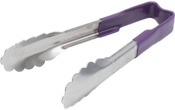 Vollrath - 6" One-Piece Scalloped Tongs with Purple Handle - 4780680