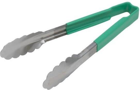 Vollrath - 9 ½" One-Piece Scalloped Tongs with Green Handle - 4780970