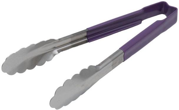 Vollrath - 9 ½" One-Piece Scalloped Tongs with Purple Handle - 4780980