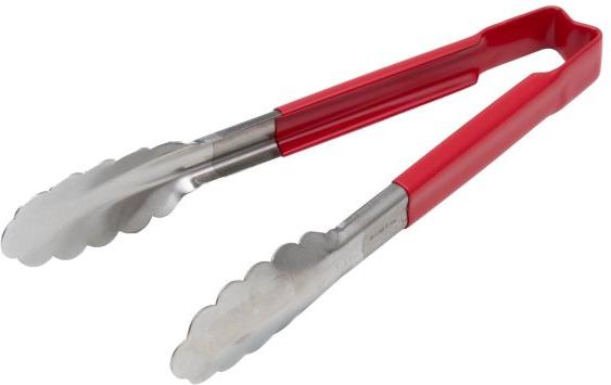 Vollrath - 9 ½" One-Piece Scalloped Tongs with Red Handle - 4780940