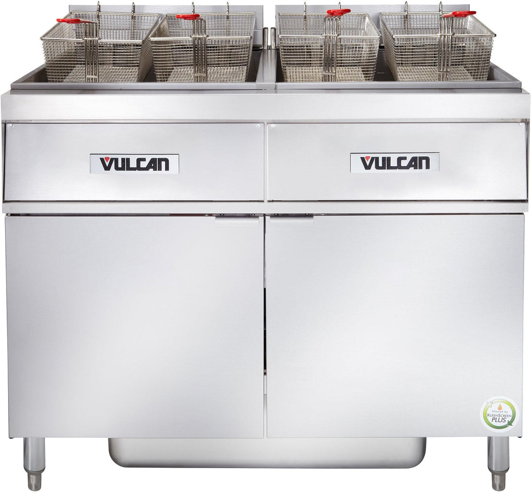 Vulcan - 2-Tank 100 lb Total Capacity Electric Floor Fryer, Analog Controls, KleenScreen Filtration - 2ER50AF-2
