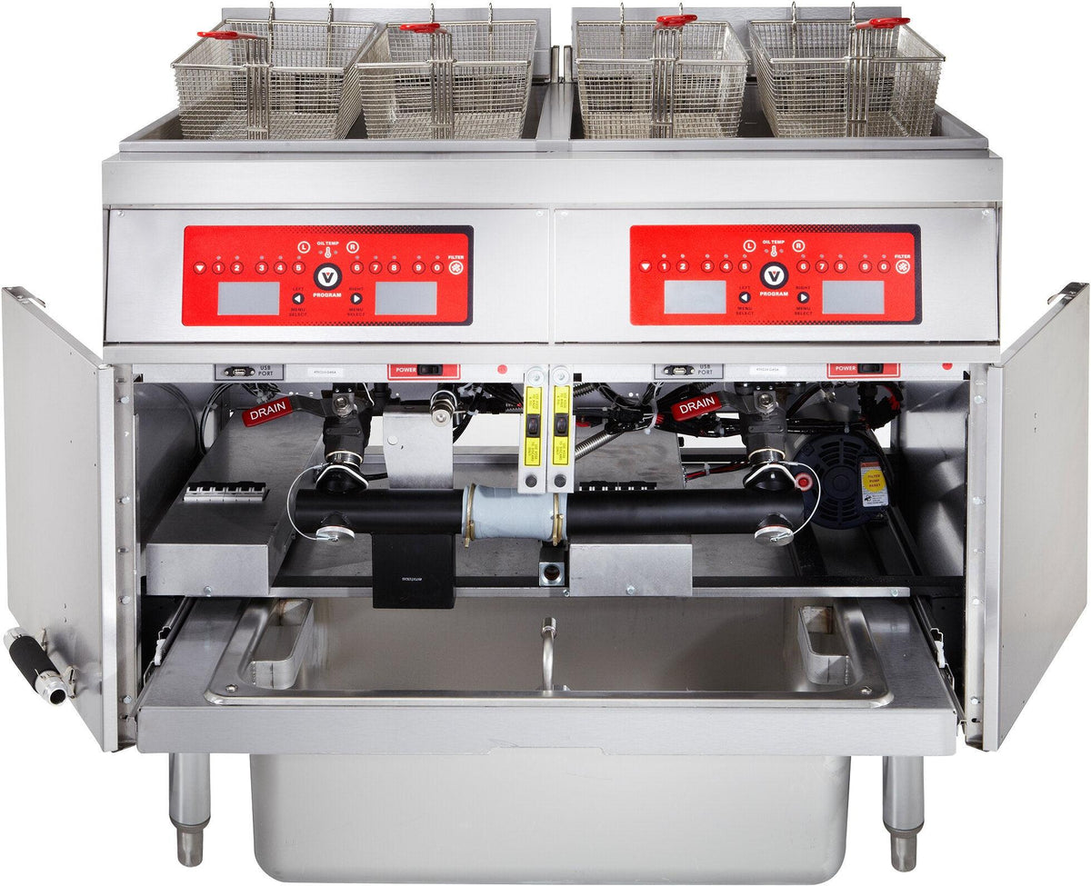 Vulcan - 2-Tank 100 lb Total Capacity Electric Floor Fryer, Computer Controls, KleenScreen Filtration - 2ER50CF