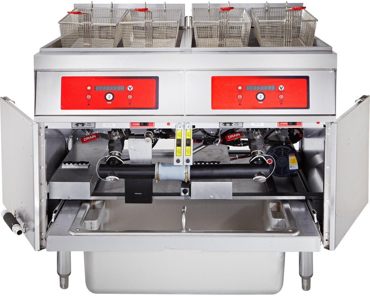 Vulcan - 2-Tank 100 lb Total Capacity Electric Floor Fryer, Digital Controls, KleenScreen Filtration - 2ER50DF