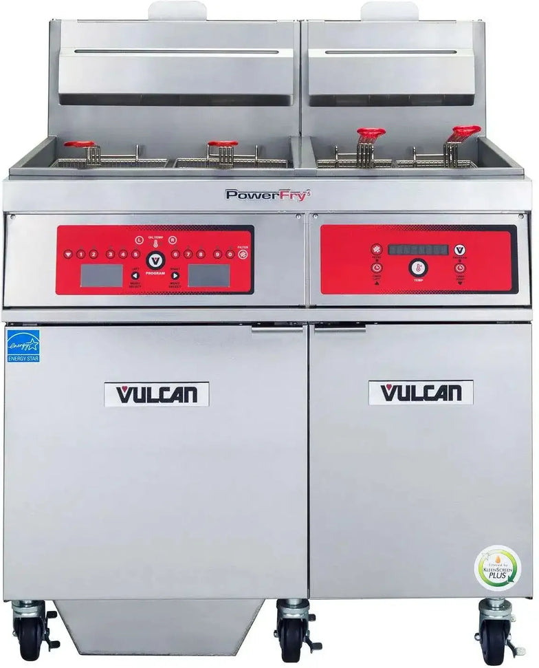 Vulcan - 2-Tank 130-140 lb Total Capacity Nat. Gas Floor Fryer, Computer Controls, KleenScreen - 2VK65CF