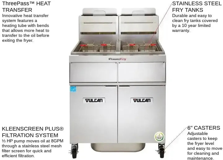 Vulcan - 2-Tank 170-180 lb Total Capacity Nat. Gas Floor Fryer, Computer Controls, KleenScreen - 2TR85CF