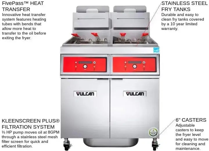 Vulcan - 2-Tank 170-180 lb Total Capacity Nat. Gas Floor Fryer, Computer Controls, KleenScreen - 2VK85CF