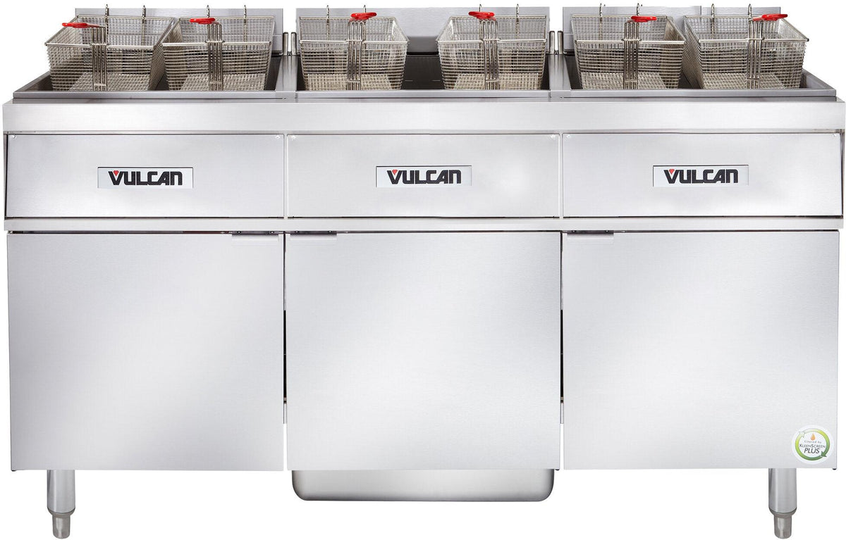 Vulcan - 3-Tank 255-270 lb Total Capacity Electric Floor Fryer, Analog Controls, KleenScreen - 3ER85AF