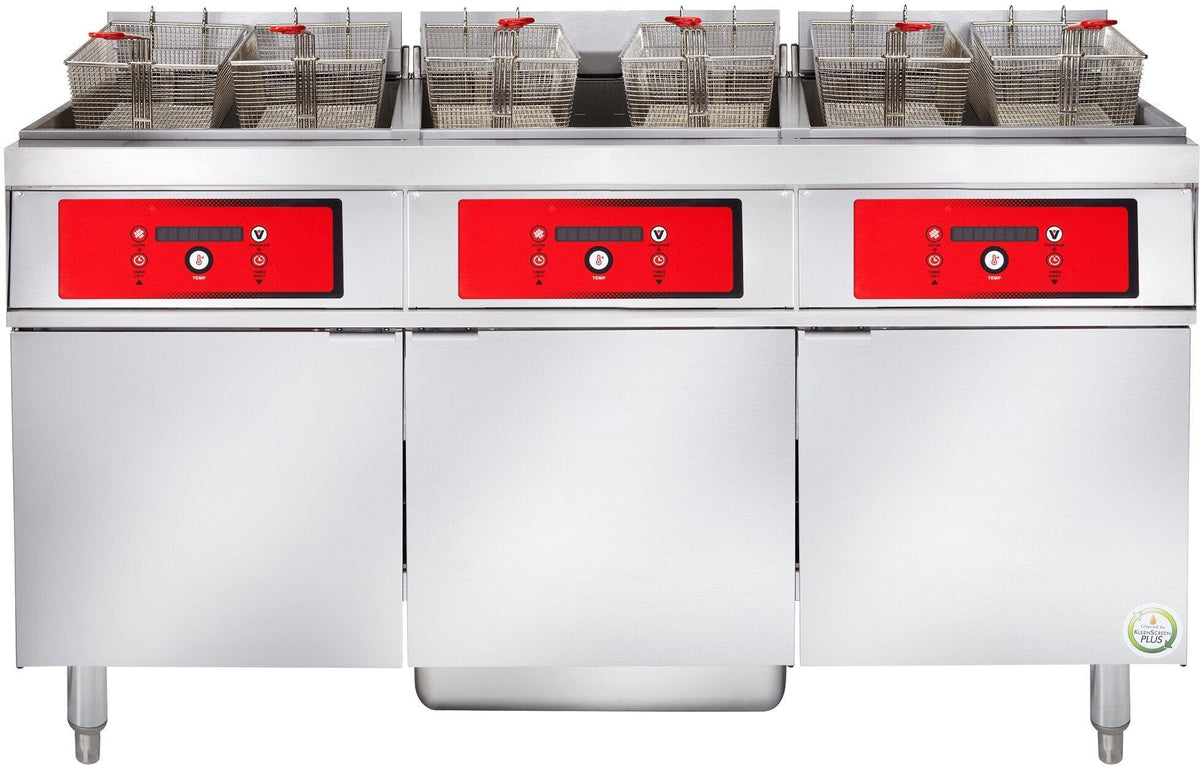 Vulcan - 3-Tank 255-270 lb Total Capacity Electric Floor Fryer, Digital Controls, KleenScreen - 3ER85DF