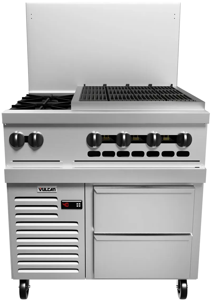 Vulcan - 36" Range- 2 Burners with 24" Charbroiler/REFRIGERATED Base -Liquid Propane - 36R-2B24CBP