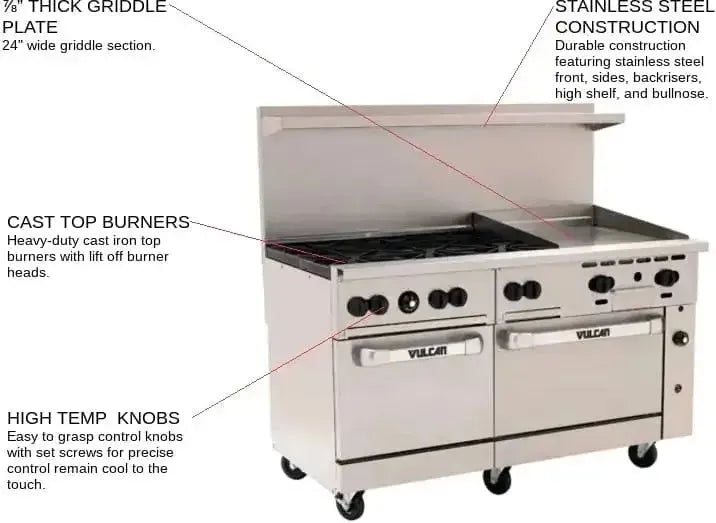 Vulcan - 60" Endurance LP Gas Range with 6 Burners, 24" Manual Griddle, 2 Standard Ovens - 60SS-6B24GP