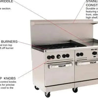 Vulcan - 60" Endurance LP Gas Range with 6 Burners, 24" Manual Griddle, 2 Standard Ovens - 60SS-6B24GP