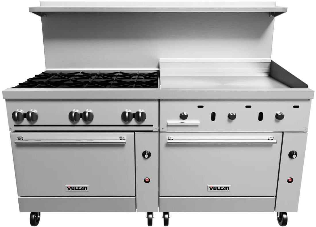 Vulcan - 72" Endurance LP Gas Range with 6 Burners, 36" Thermostatic Griddle, 2 Standard Ovens - 72SS-6B36GTP