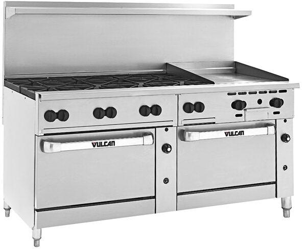Vulcan - 72" Endurance Nat. Gas Range with 8 Burners, 24" Manual Griddle, Conv. Oven/Refrig. Base - 72RC-8B24GN