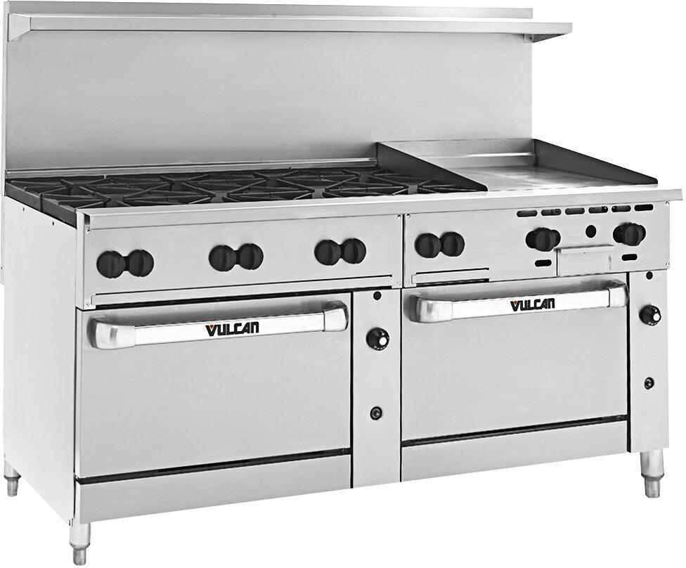 Vulcan - 72" Endurance Natural Gas Range with 8 Burners, 24" Manual Griddle, 2 Standard Ovens - 72SS-8B24GN