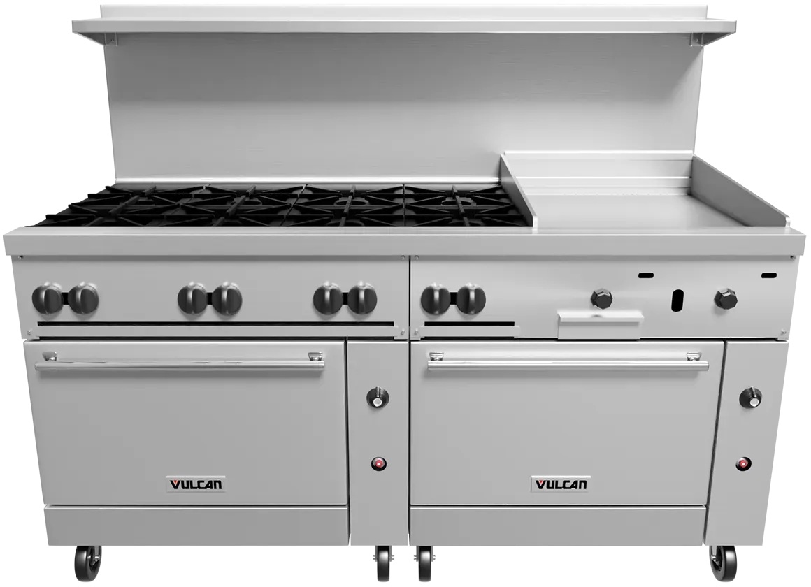 Vulcan - 72" Endurance Natural Gas Range with 8 Burners, 24" Thermostatic Griddle, 2 Standard Ovens - 72SS-8B24GTN