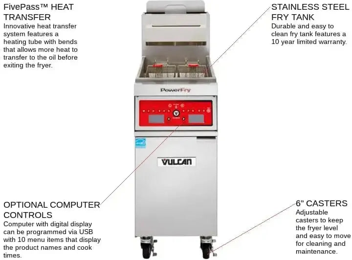 Vulcan - PowerFry5 51 - 90 lb. Gas Floor Model Full Pot Fryer with Solid State Controls for 65 lb Fryers - 1VK65AF