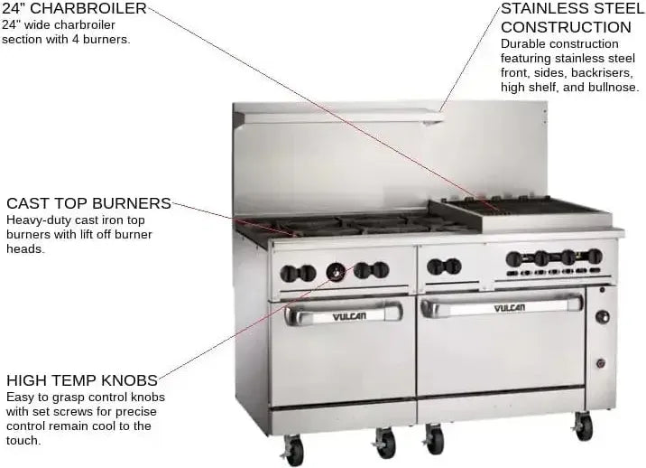 Vulcan - Restaurant Gas Range, 60" Wide with 6 Burners, 24" Charbroiler and 2 Standard Ovens - 60SS-6B24CBP