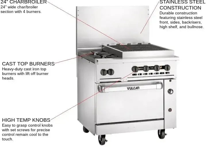 Vulcan - Restaurant Gas Range, with 2 Burners, 24" Charbroiler and Convection Oven - 36C-2B24CBP
