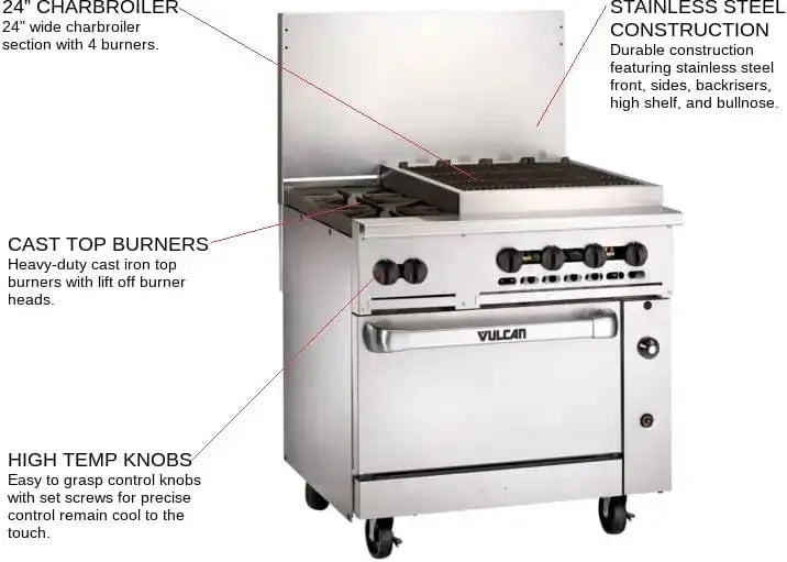 Vulcan - Restaurant Gas Range, with 2 Burners, 24" Charbroiler and Standard Oven - 36S-2B24CBP