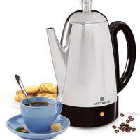 West Bend - 12-Cup Silver Classic Stainless Steel Electric Coffee Percolator with Heat Resistant Handle - 54159