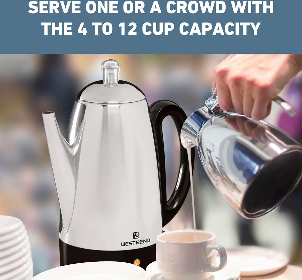 West Bend - 12-Cup Silver Classic Stainless Steel Electric Coffee Percolator with Heat Resistant Handle - 54159