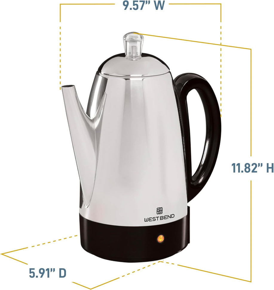 West Bend - 12-Cup Silver Classic Stainless Steel Electric Coffee Percolator with Heat Resistant Handle - 54159