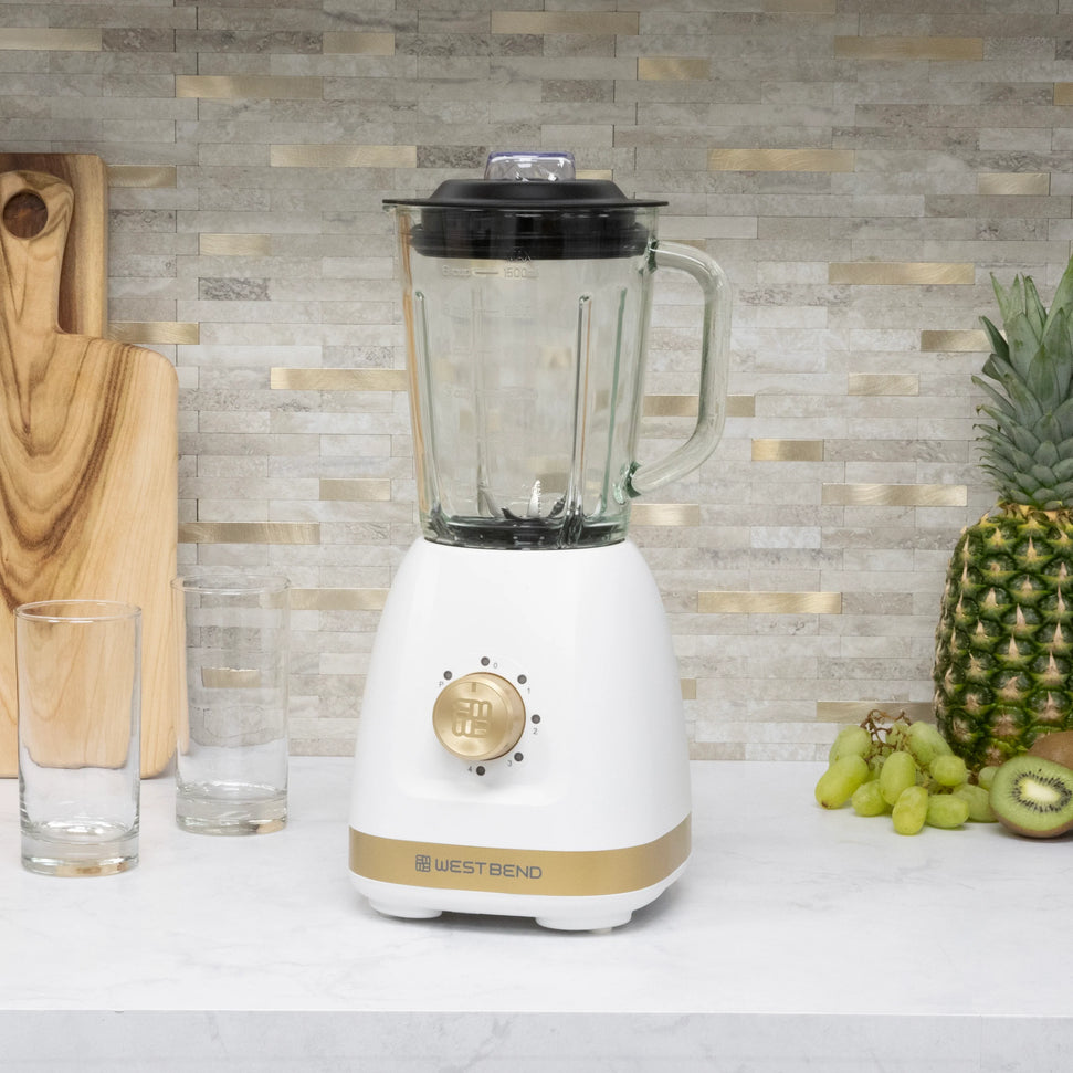 West Bend - 48 Oz Glass Jar White & Gold Multi-Function Blender with Travel Cup - BLWB48WG13