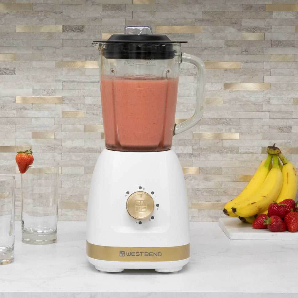 West Bend - 48 Oz Glass Jar White & Gold Multi-Function Blender with Travel Cup - BLWB48WG13