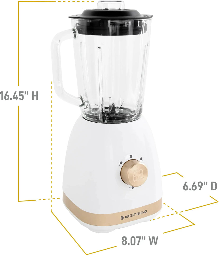 West Bend - 48 Oz Glass Jar White & Gold Multi-Function Blender with Travel Cup - BLWB48WG13