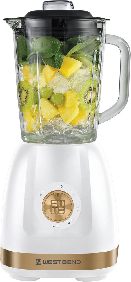 West Bend - 48 Oz Glass Jar White & Gold Multi-Function Blender with Travel Cup - BLWB48WG13