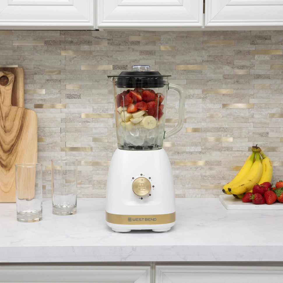 West Bend - 48 Oz Glass Jar White & Gold Multi-Function Blender with Travel Cup - BLWB48WG13