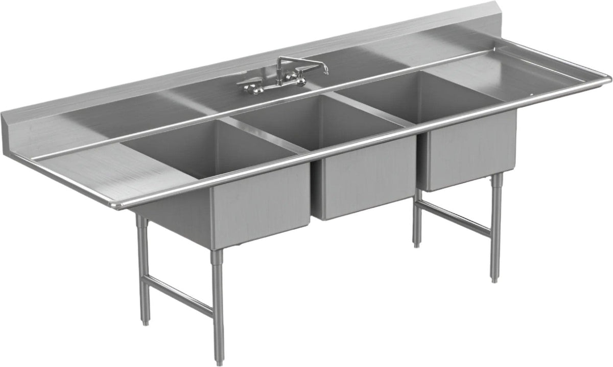 Winholt - 100" X 25.5" 3 Compartment With 2 Drainboards 16 Gauge Stainless Steel Sink - WS3T16202D24 (Non-Cancelable Item, ETA 2-4 Weeks, SPECIAL ORDER)