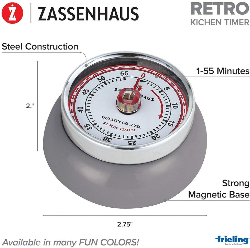 Zassenhaus - Retro 2.75" Gray Magnetic 60 Minute Kitchen Timer - M071795